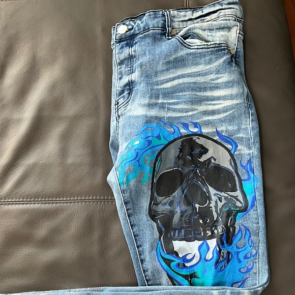 GFTD LA LONZO Men 40x32 Grunge Streetwear Skull Cross Alt Distressed Jeans Blue - Picture 9 of 12